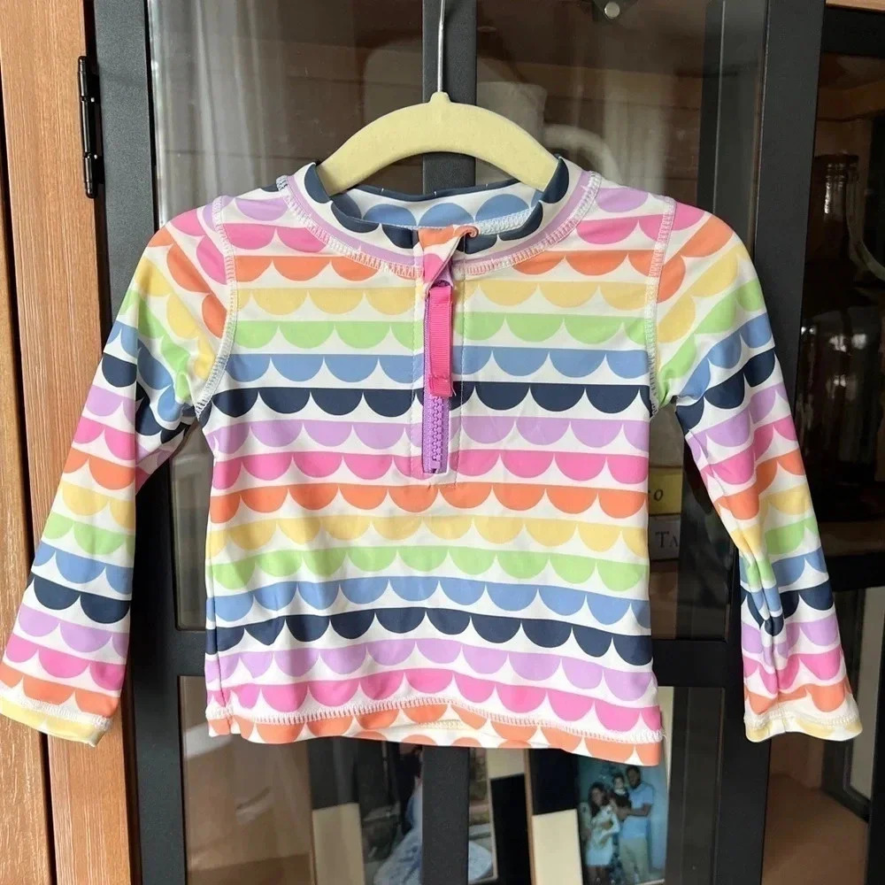 Ruffle Butts rashguard toddler girl scalloped rainbow long sleeve swimsuit top
